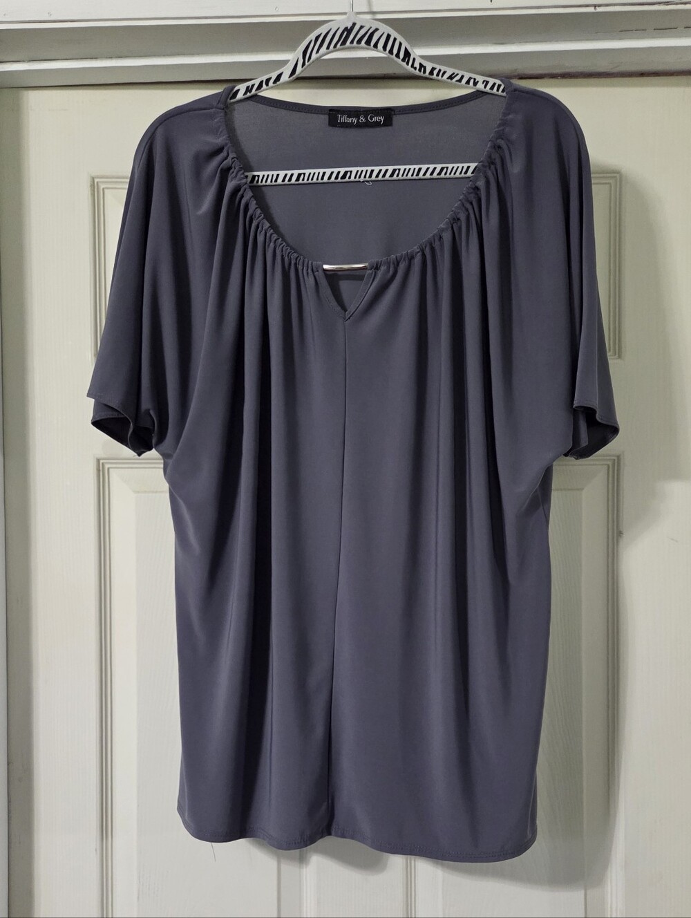 Tiffany & Grey Slate Gray Gathered Neck Blouse – Relaxed Short Sleeve Top
